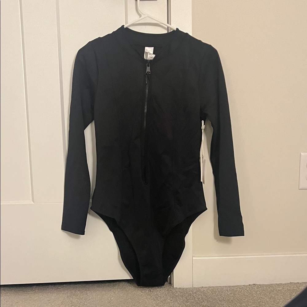 NWT, sz large Good American Black Long Sleeve Zip Up One Piece Swimsuit